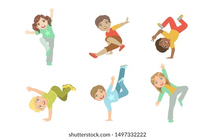 Cute Kids Dancing Break Dance Set, Boys and Girls Performing Modern Dance Vector Illustration