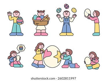 Cute kids decorating and playing with Easter eggs. Fun spring holiday vector illustration showing children with colorful eggs in various scenes.