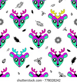 Cute kids deer pattern for girls and boys. Colorful deers on the abstract background create a fun cartoon drawing. The pattern is made in neon colors. Urban deer backdrop for textile and fabric.