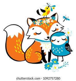 Cute kids design print cartoon fox and owl