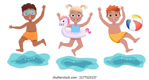 Cute kids different skin color spending holidays in seaside or swimming pool. Child set. Colorful summer illustrations. Children in swimsuits with swimming circles jumping into water. Happy vacation