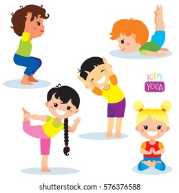Cute kids in different yoga poses on white background. Vector illustration.