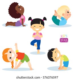 Cute kids in different yoga poses on white background. Vector illustration.