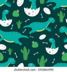 Cute kids dinosaur pajama vector seamless repeat pattern.