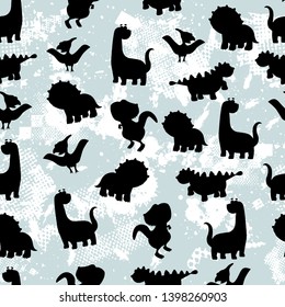 Cute kids dinosaurs pattern for girls and boys. Colorful dinosaurs on the abstract grunge background.. The dinosaurs pattern is made in neon colors. Urban pattern. backdrop for textile and fabric.