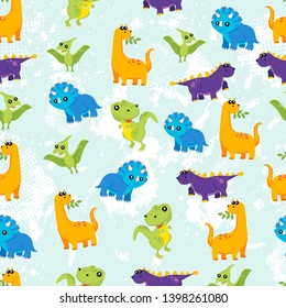 Cute kids dinosaurs pattern for girls and boys. Colorful dinosaurs on the abstract grunge background.. The dinosaurs pattern is made in neon colors. Urban pattern. backdrop for textile and fabric.