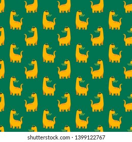 Cute kids dinosaurs pattern for girls and boys. A bright dinosaur eating a branch with leaves. The illustration can be used as a print, pattern, background.