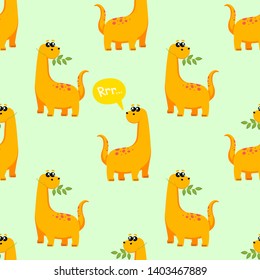 Cute kids dinosaurs pattern for girls and boys. A bright dinosaur eating a branch with leaves. The illustration can be used as a print, pattern, background.