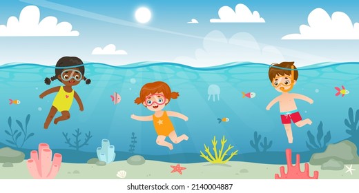 Cute kids diving in the sea. Cartoon children snorkeling in the ocean. Young divers watching the fish on coral reef.