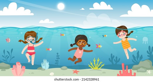 Cute Kids Diving In The Sea. Cartoon Baby Girls Snorkeling In The Ocean. Young Divers Watching The Fish On Coral Reef.