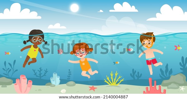 Cute kids\
diving in the sea. Cartoon children snorkeling in the ocean. Young\
divers watching the fish on coral\
reef.