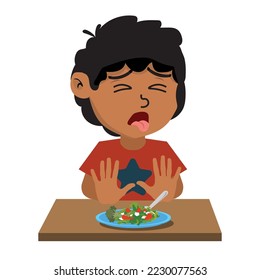 cute kids do not want eat salad. A sad child is sitting at the table with a plate of salad. Vector illustration. 