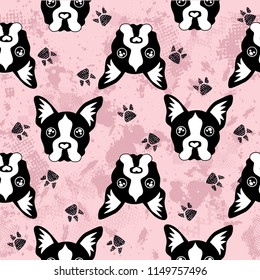 Cute kids dog pattern for girls and boys. Colorful dogs, Bulldog on the abstract grunge background create a fun cartoon drawing.The dog pattern is made in white colors. Urban backdrop for textile