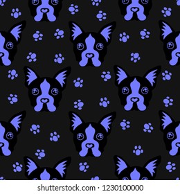 Cute kids dog pattern for girls and boys. Colorful dogs, Bulldog on the abstract grunge background create a fun cartoon drawing.The dog pattern is made in white colors. Urban backdrop for textile