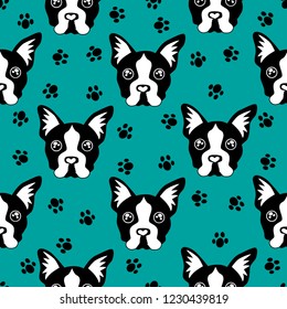 Cute kids dog pattern for girls and boys. Colorful dogs, Bulldog on the abstract grunge background create a fun cartoon drawing.The dog pattern is made in white colors. Urban backdrop for textile