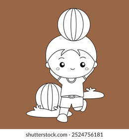 Cute Kids Doing Daily Sport Soccer Playing Ball Activity Holiday Cartoon Digital Stamp Outline