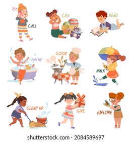 Cute kids doing different activities set. Verbs expressing action cartoon vector illustration