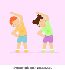 Cute kids doing exercises. Playing sports. A healthy way of life. Vector illustration.