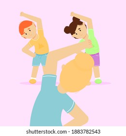 Cute kids doing exercises with teacher. Playing sports. A healthy way of life. Vector illustration.