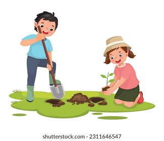 Cute kids doing gardening digging planting tree working together in the garden