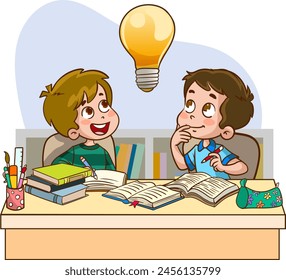 Cute kids are doing group work, brainstorming and working together. vector illustration