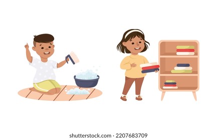 Cute Kids Doing Housework Chores Set. Little Boy Cleaning Floor With Brush, Girl Putting Clothes In Closet Cartoon Vector Illustration