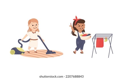 Cute kids doing housework chores set. Little boy vacuuming floor, girl hanging wet clothes out to dry cartoon vector illustration