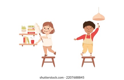 Cute kids doing housework chores set. Little girl wiping dust, boy changing light bulb cartoon vector illustration