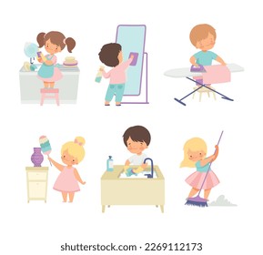 Cute kids doing housework chores set. Little boys and girls sweeping and mopping floor, washing dishes cartoon vector illustration isolated on white.