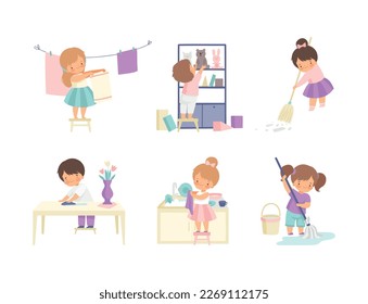 Cute kids doing housework chores set. Little boys and girls sweeping and mopping floor, washing dishes cartoon vector illustration