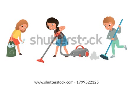 Cute Kids Doing Housework Set, Children Collecting Plastic Waste and Cleaning Floor Cartoon Style Vector Illustration