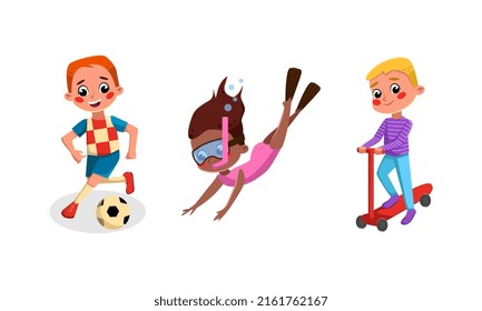 Niños guapos haciendo deporte. Niña y niño jugando al fútbol, nadando bajo el agua y pateando patadas de equitación scooter cartografía ilustración vectorial