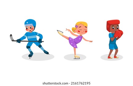 Cute Kids Doing Sports Set. Girl And Boy Playing Hockey, Figure Skating And Boxing Cartoon Vector Illustration