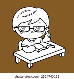 Cute Kids Doing Study Studying Learning Daily Activity Cartoon Digital Stamp Outline