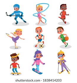 Niños educados haciendo varios tipos de juegos deportivos, niños y niñas corriendo, rindiendo, haciendo ping-pong, jugando al hockey, baloncesto, fútbol al estilo de dibujos animados Ilustración