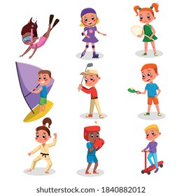 Cute Kids Doing Various Kinds of Sports Set, Boys and Girls Practicing Diving, Skating, Martial Arts, Windsurfing, Playing Tennis, Golf Cartoon Style Vector Illustration