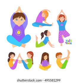 Cute kids doing yoga exercises. Yoga kids set. Gymnastics for children and healthy lifestyle. Vector illustration.