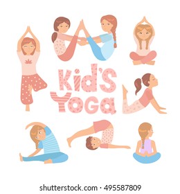 Cute kids doing yoga exercises. Yoga kids set. Gymnastics for children and healthy lifestyle. Vector illustration.