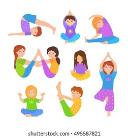 Cute kids doing yoga exercises. Yoga kids set. Gymnastics for children and healthy lifestyle. Vector illustration.