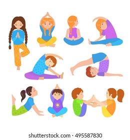 Cute kids doing yoga exercises. Yoga kids set. Gymnastics for children and healthy lifestyle. Vector illustration.