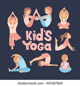 Cute kids doing yoga exercises. Yoga kids set. Gymnastics for children and healthy lifestyle. Vector illustration.