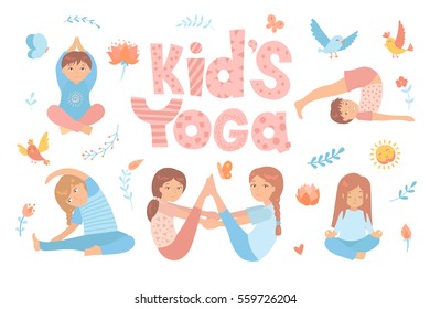 Cute kids doing yoga exercises. Yoga kids set. Gymnastics for children and healthy lifestyle. Vector illustration.