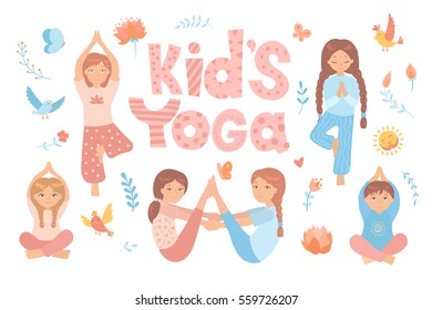 Cute kids doing yoga exercises. Yoga kids set. Gymnastics for children and healthy lifestyle. Vector illustration.