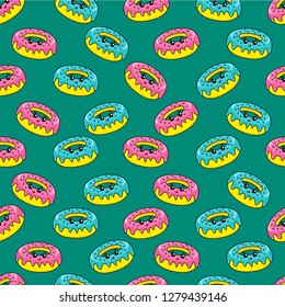 Cute kids donut pattern for girls and boys. Colorful donut on the abstract grunge background create a fun cartoon drawing. The pattern is made in colorful colors. Urban donut pattern