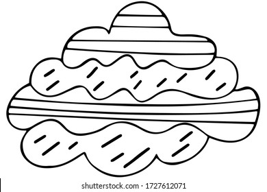 Cute kids doodle cloud decorated with lines and stripes in black and white. Single simple design element in scandinavian style. Vector.