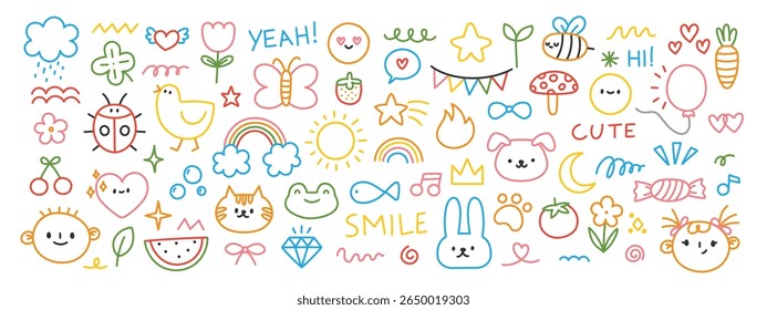 Cute kids doodle. Hand drawn children elements. Simple colorful line sketch kid scribble. Flowers, clouds, rainbow, animals, funny characters. Child kindergarten drawings. Vector set.