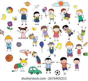 Conjunto de Vector Doodle para niños lindos | Clipart de EPS de ilustración de dibujos animados de niños felices