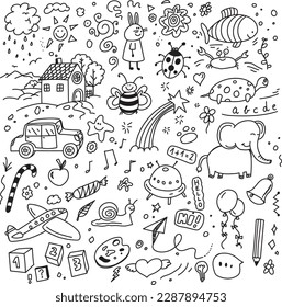 Cute kids doodles, vector hand drawings on white background