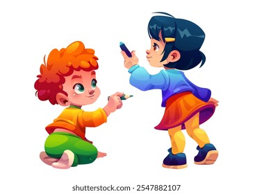 Cute kids drawing with crayon and pencil on wall isolated on white background. Vector cartoon illustration of happy boy and girl playing at nursery school or kindergarten art class, painting scribbles