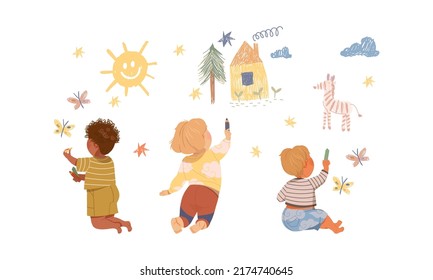 Cute kids drawing on wall. Back view of little children drawing with pencils cartoon vector illustration